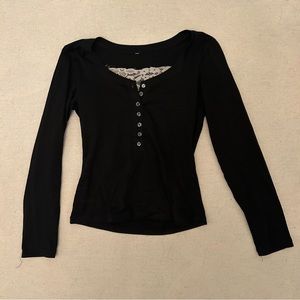 Unnamed Women’s Black Long Sleeve Henley Top with Lace Detailing